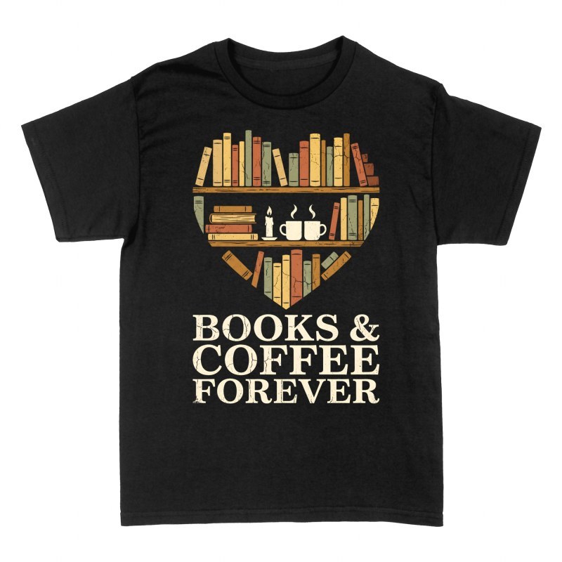 T-shirts: B&uuml;cherregal in Herzform & Kaffee