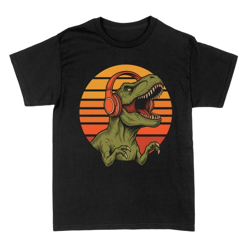 T-shirts: T-Rex mit Kopfh&ouml;rern Retro Sonnenuntergang