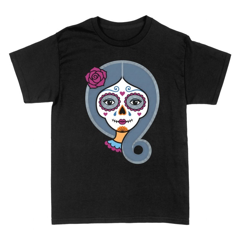T-shirts: Mexikanische Catrina mit blauen Haaren und Rose