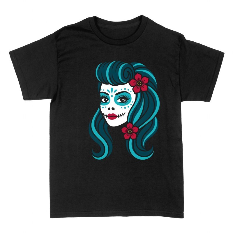 T-shirts: Pin-Up Catrina mit blauen Haaren