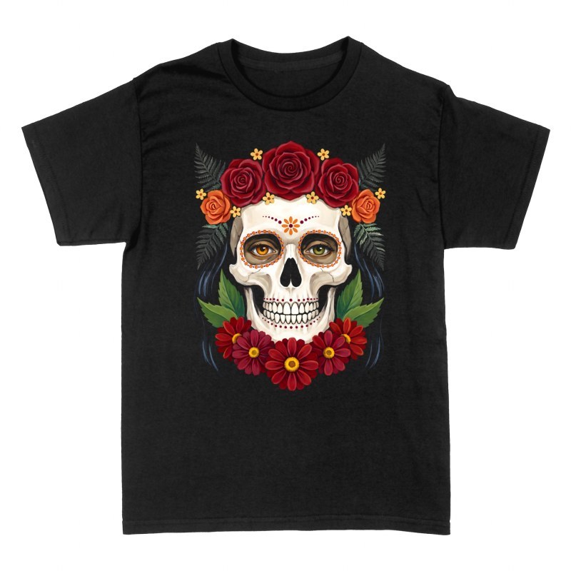 T-shirts: Mexikanischer Totenkopf mit Rosen