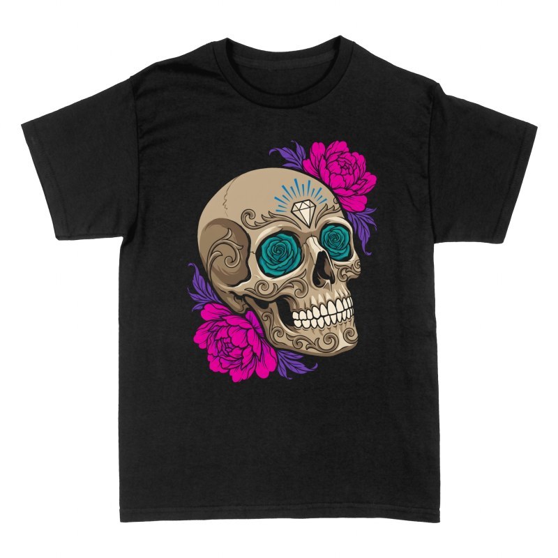 T-shirts: Totenkopf mit Rosen und Diamant