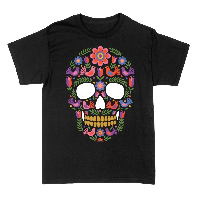T-shirts: Mexikanischer Totenkopf mit Blumen &amp; V&ouml;geln