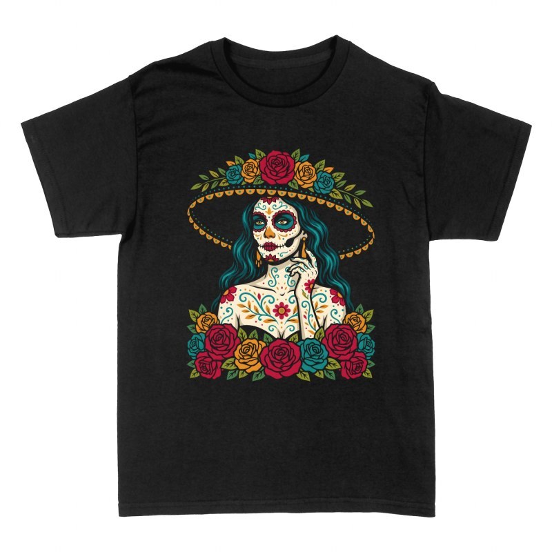 T-shirts: Mexikanische Catrina mit Sombrero und Rosen