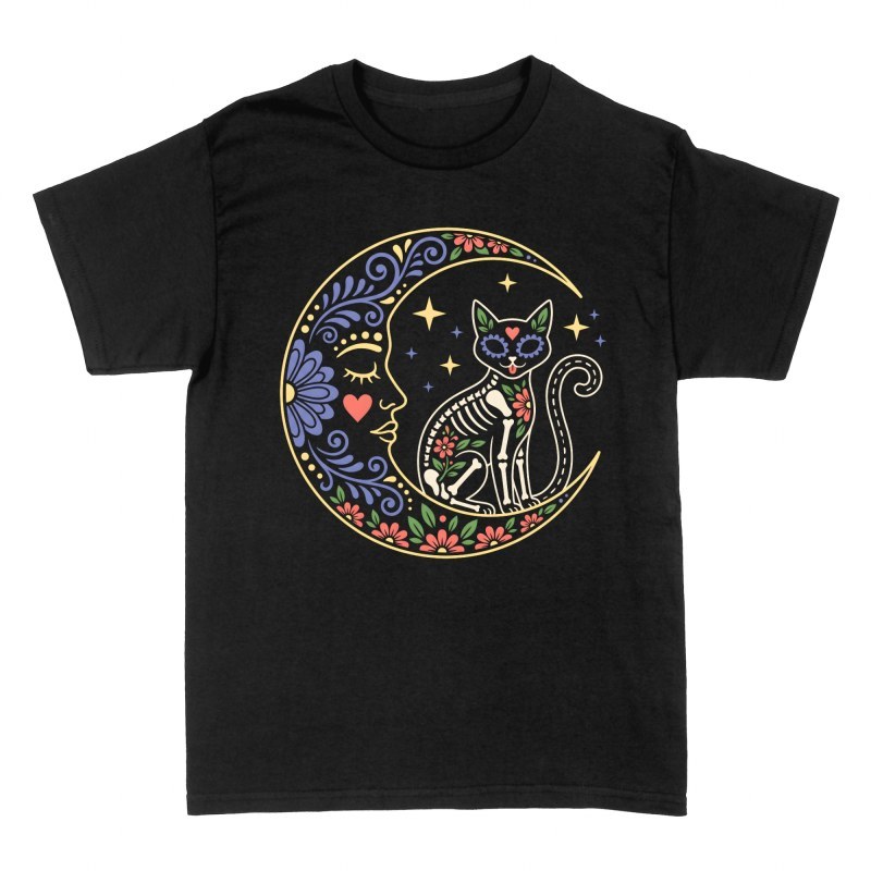 T-shirts: Skelett Katze auf Mondsichel