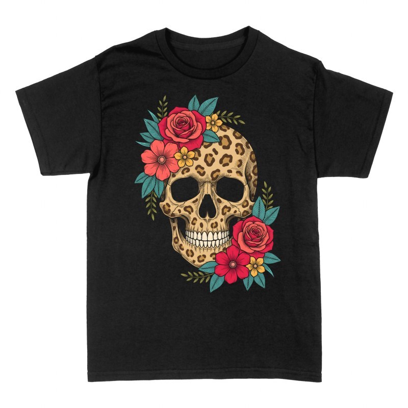 T-shirts: Leoparden-Totenkopf mit Rosen