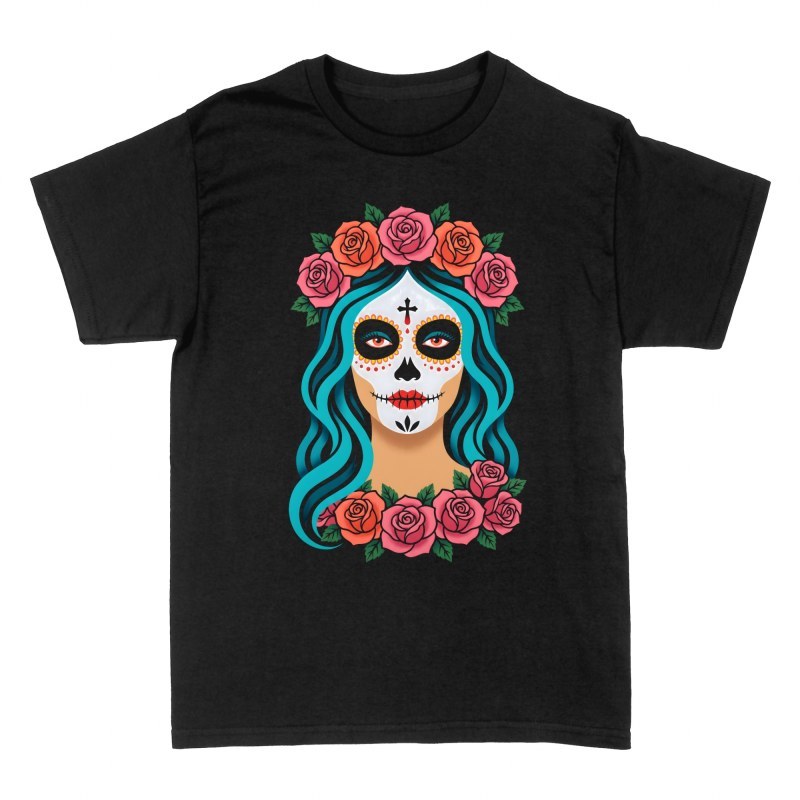 T-shirts: Blaue Catrina mit Rosen