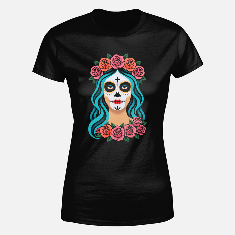 T-shirts: Blaue Catrina mit Rosen