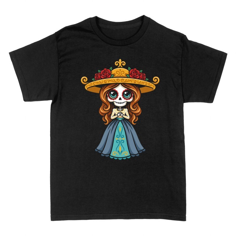 T-shirts: Chibi Catrina mit Sombrero und Rosen