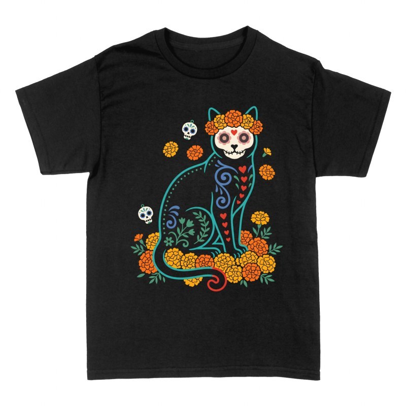 T-shirts: Schwarze Katze Dia de los Muertos Blumen