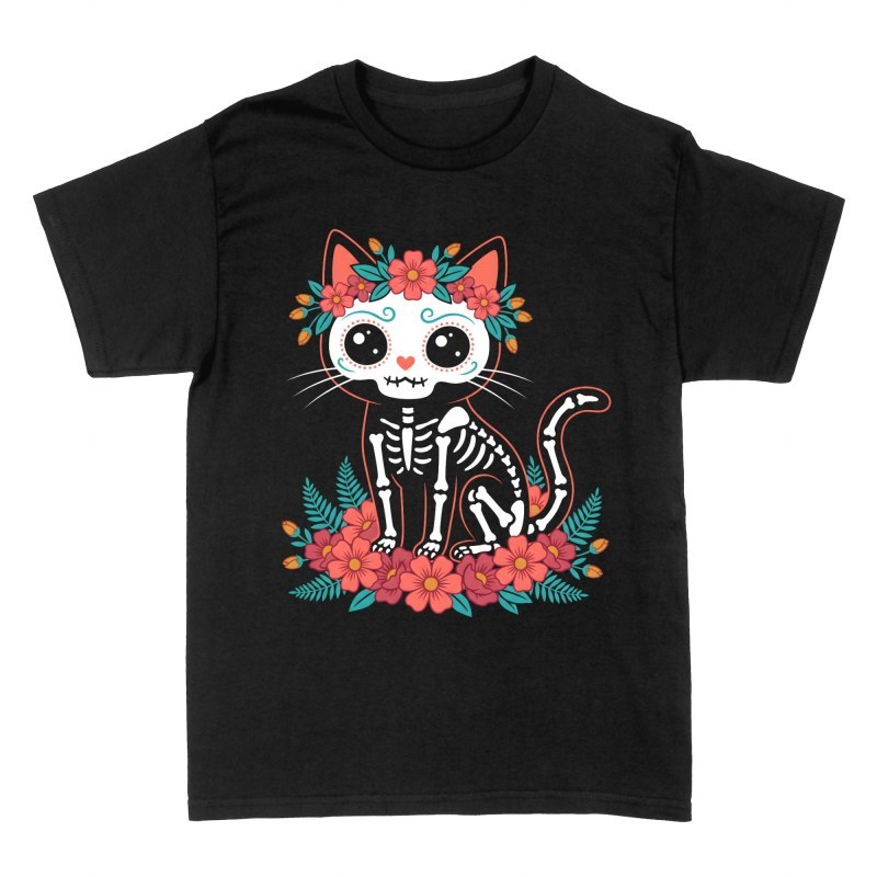 T-shirts: Skelett Katze mit Blumenkranz