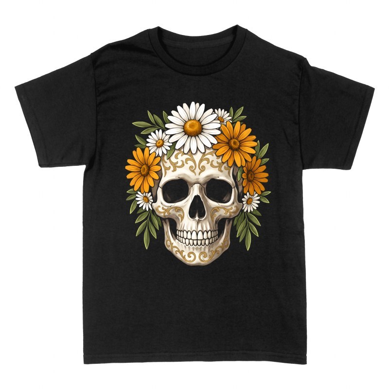 T-shirts: Totenkopf mit Blumenkrone &amp; Goldmustern
