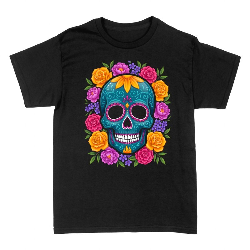 T-shirts: T&uuml;rkiser Sugar Skull mit Blumen