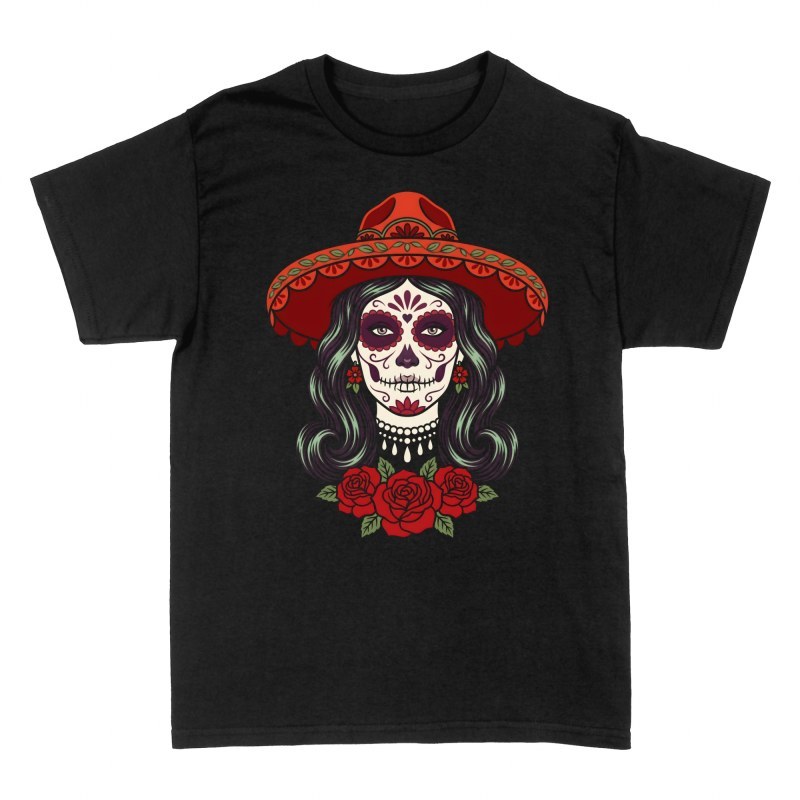 T-shirts: Catrina mit rotem Sombrero und Rosen