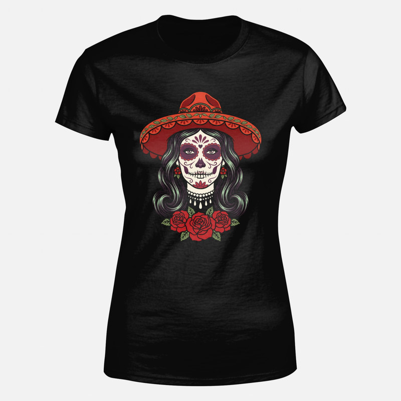 T-shirts: Catrina mit rotem Sombrero und Rosen
