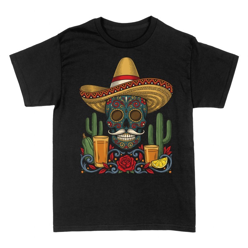 T-shirts: Mexikanischer Totenkopf mit Sombrero und Tequila