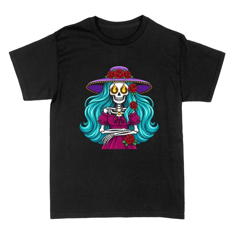 T-shirts: Catrina mit roten Rosen und Flammenaugen
