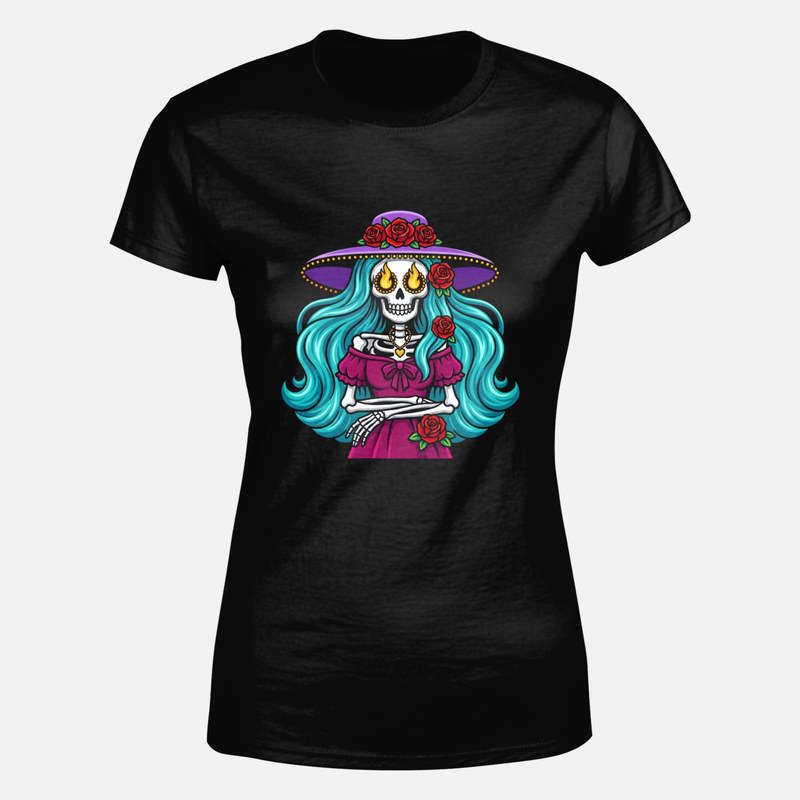 T-shirts: Catrina mit roten Rosen und Flammenaugen
