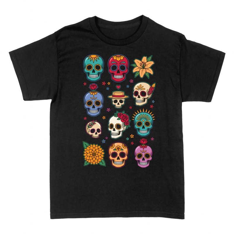 T-shirts: Zuckertotenkopf mit Blumen Dia de Muertos
