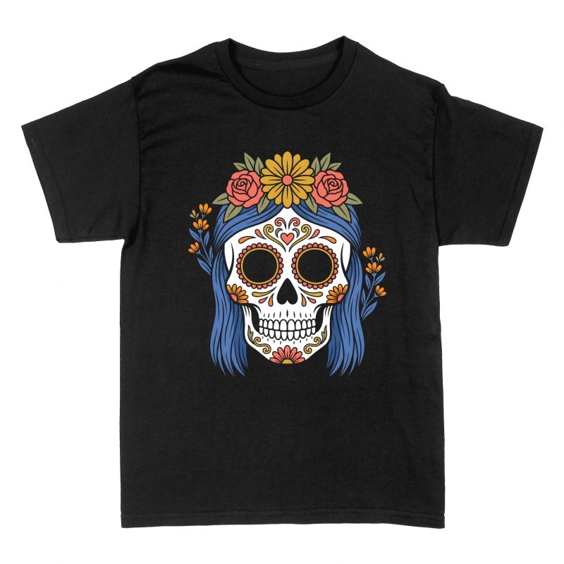 T-shirts: Catrina mit blauem Haar und Blumen
