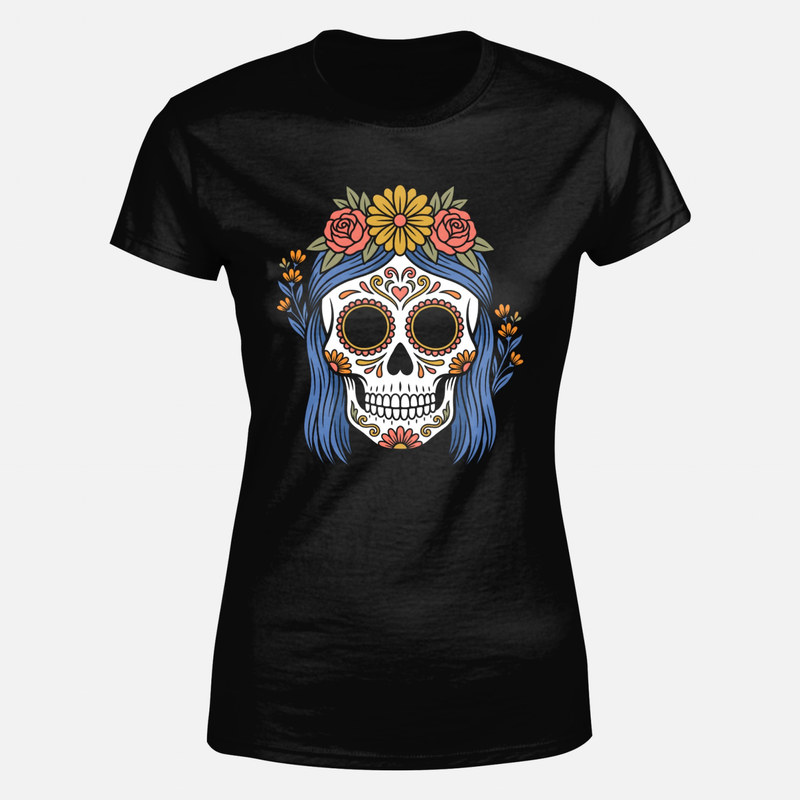 T-shirts: Catrina mit blauem Haar und Blumen