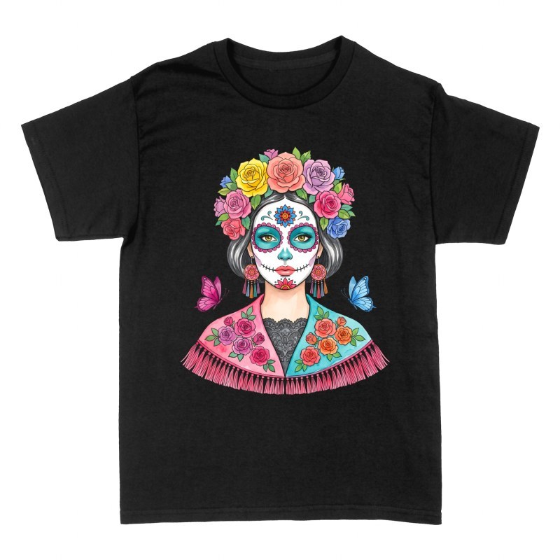 T-shirts: Catrina mit Rosenkranz und Schmetterlingen