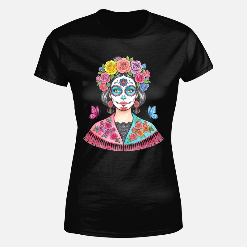 T-shirts: Catrina mit Rosenkranz und Schmetterlingen