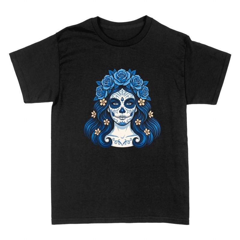 T-shirts: Mexikanische Catrina mit blauen Rosen