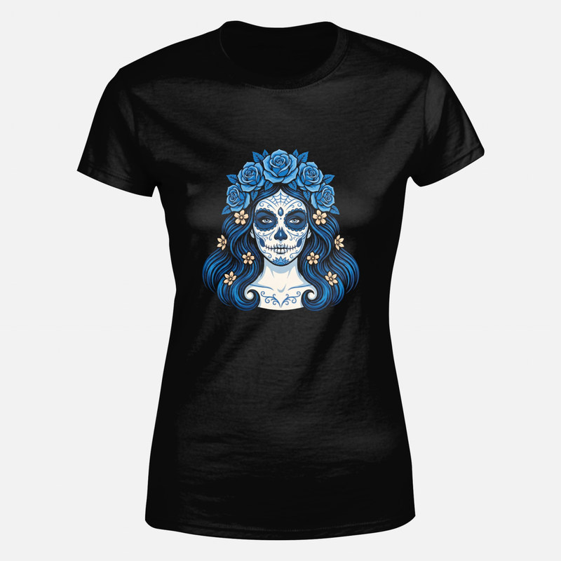 T-shirts: Mexikanische Catrina mit blauen Rosen