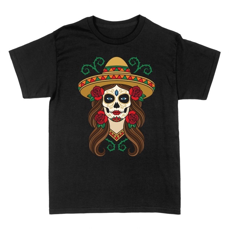 T-shirts: Catrina mit Sombrero und roten Rosen