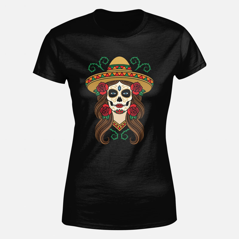 T-shirts: Catrina mit Sombrero und roten Rosen