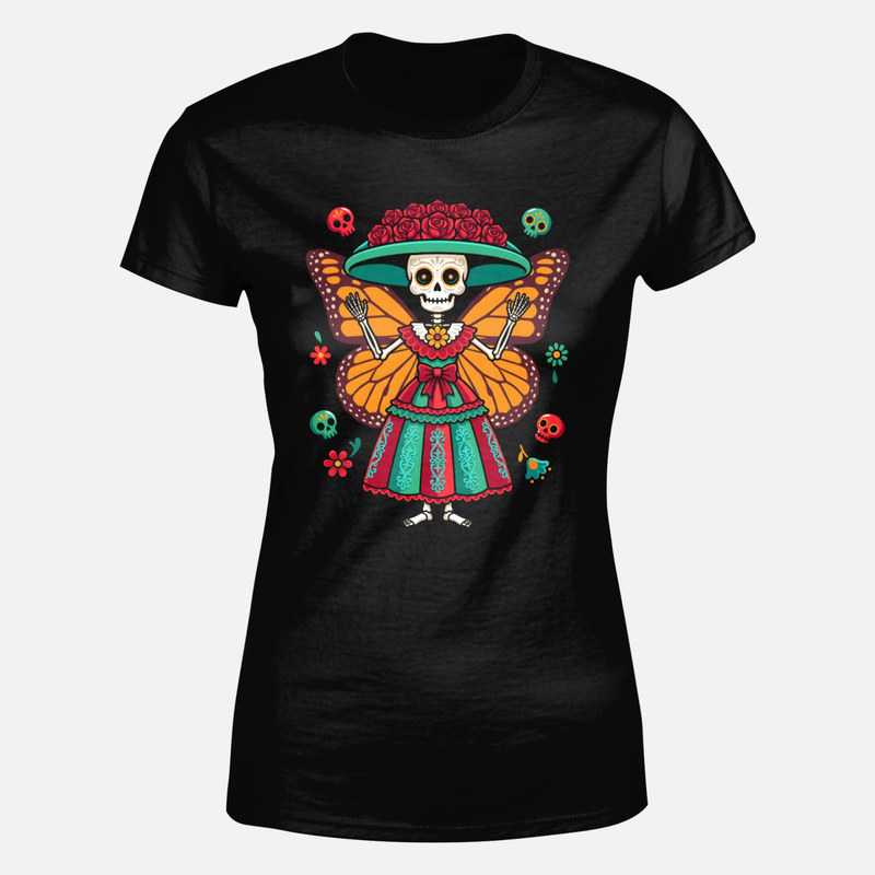 T-shirts: Mexikanische Catrina mit Schmetterlingsfl&uuml;geln