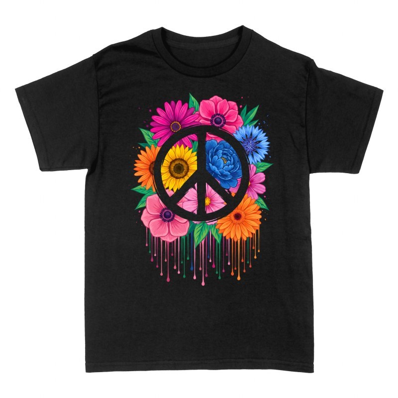 T-shirts: Peace-Zeichen mit bunten Blumen