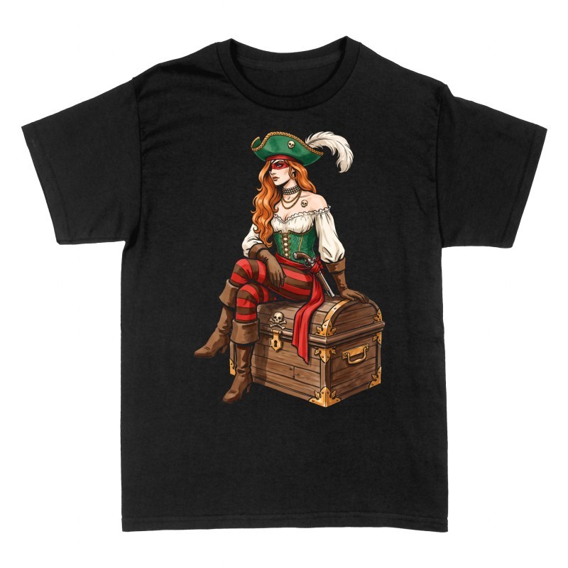 T-shirts: Piratin auf Schatztruhe