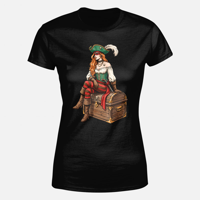 T-shirts: Piratin auf Schatztruhe