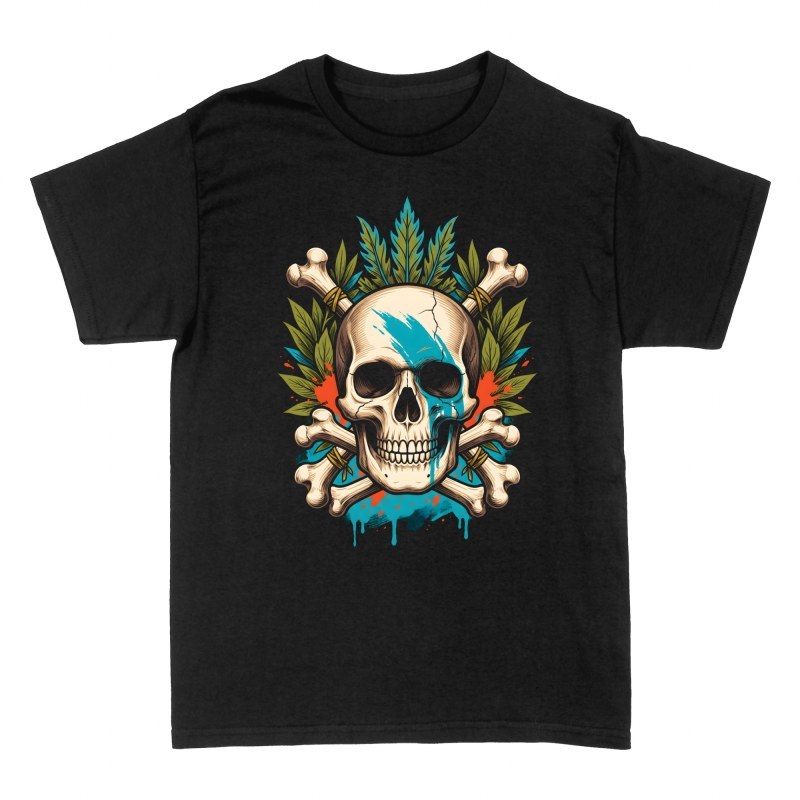 T-shirts: Tribal Totenkopf mit Knochen und Bl&auml;ttern