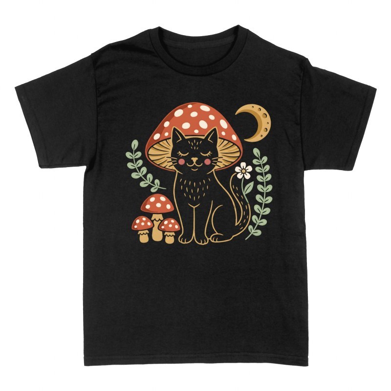 T-shirts: Schwarze Katze mit Fliegenpilzhut