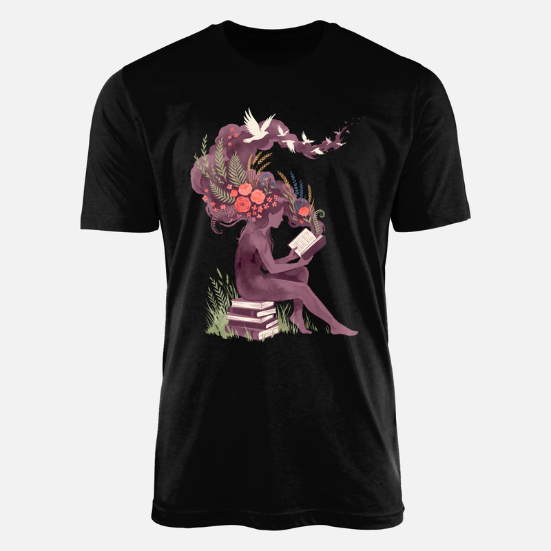 T-shirts: Lesende Frau mit Blumen und V&ouml;geln