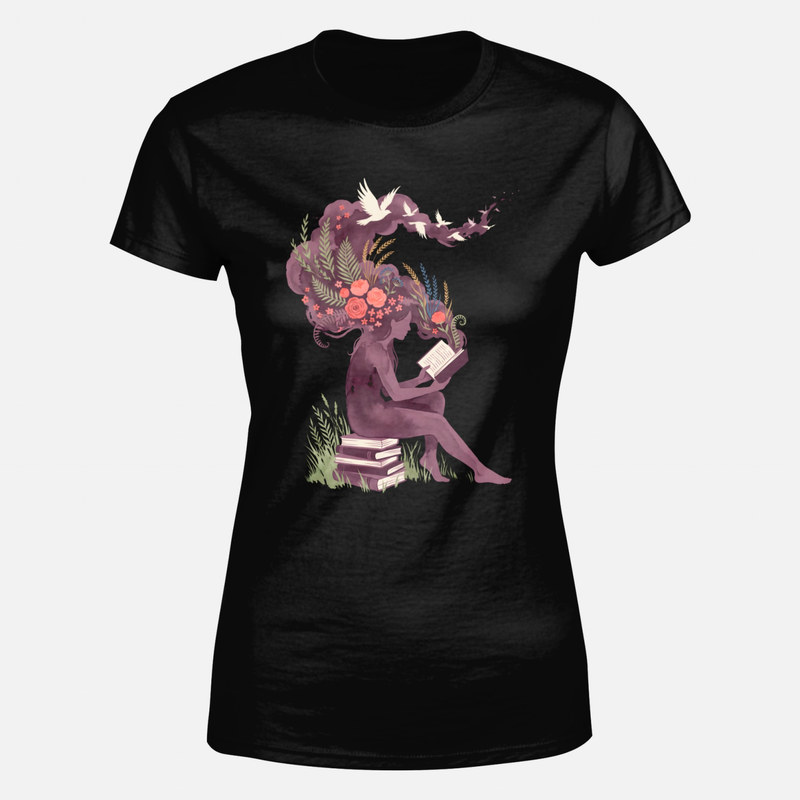 T-shirts: Lesende Frau mit Blumen und V&ouml;geln