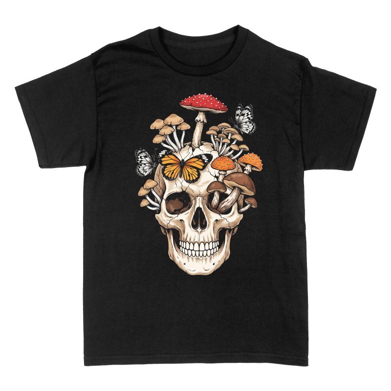 T-shirts: Totenkopf mit Pilzen und Schmetterlingen