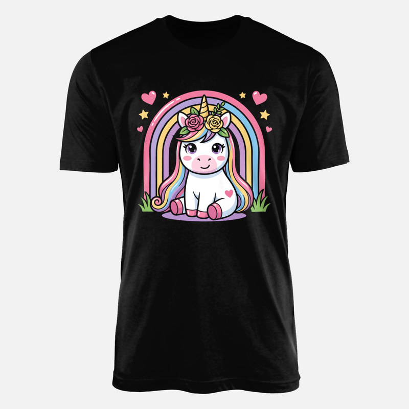 T-shirts: Sitzendes Kawaii-Einhorn mit Blumenkranz