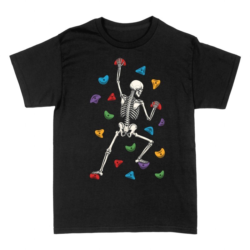 T-shirts: Kletterndes Skelett an Boulderwand