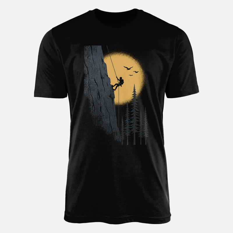 T-shirts: Kletterer am Felsen im Retro-Sonnenuntergang