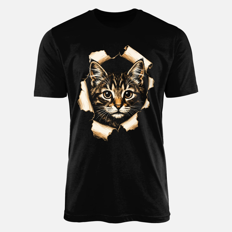 T-shirts: Katze Blickt Durch Zerrissenes Papier