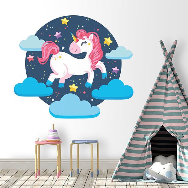Wandtattoos: Einhorn springt über die Wolken.