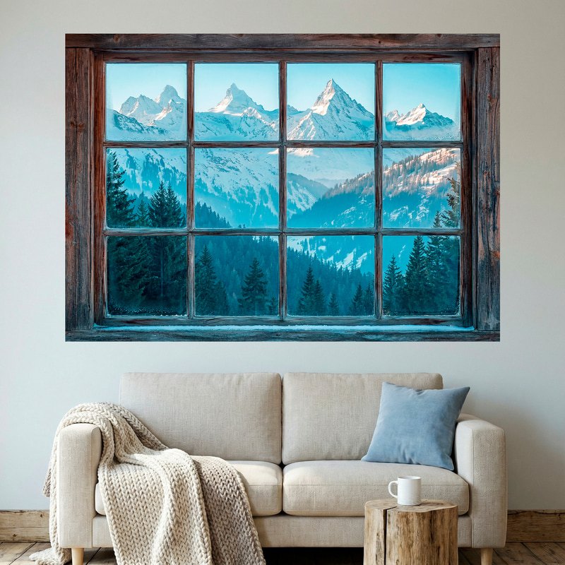 Wandtattoos: Holzfenster Verschneite Berge