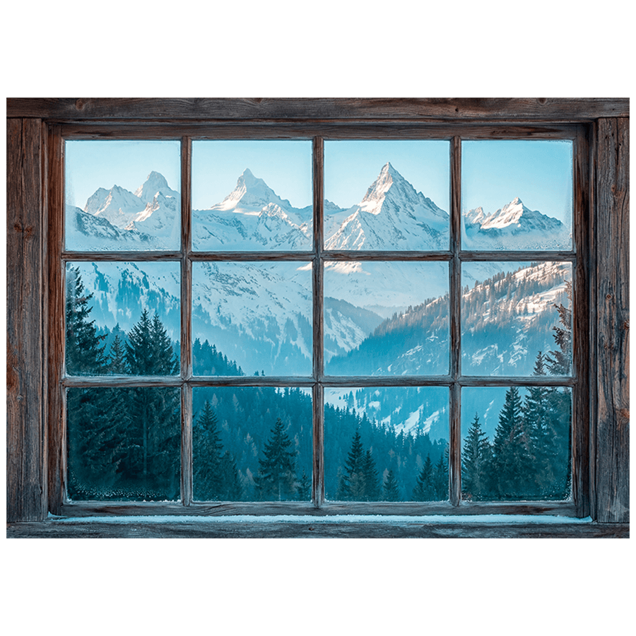 Wandtattoos: Holzfenster Verschneite Berge