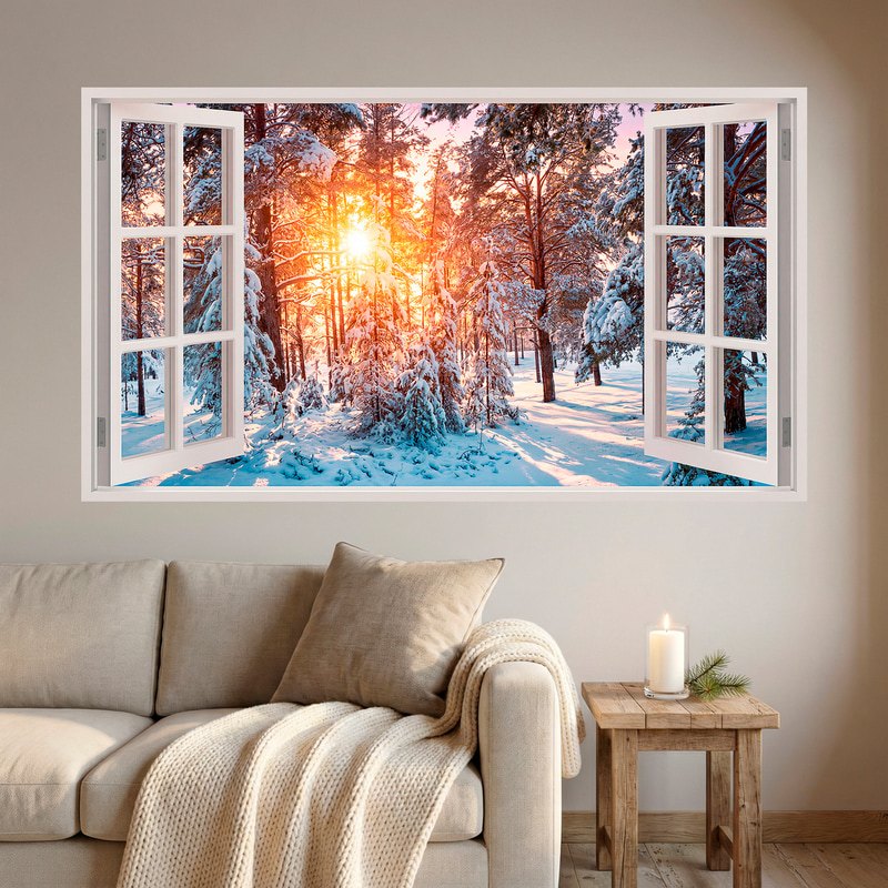 Wandtattoos: Fenster Winterwald mit Sonnenuntergang