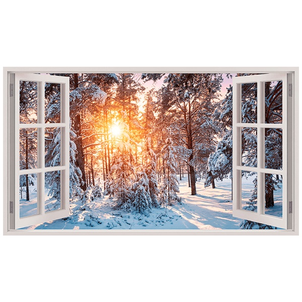 Wandtattoos: Fenster Winterwald mit Sonnenuntergang