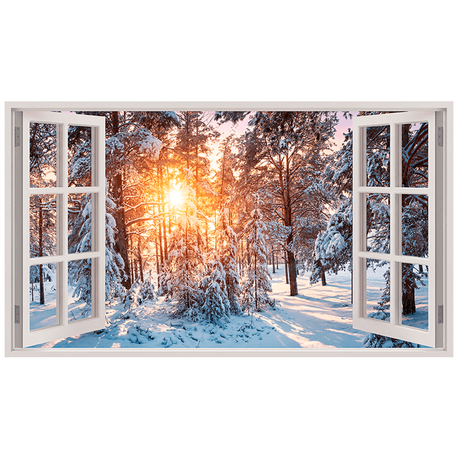Wandtattoos: Fenster Winterwald mit Sonnenuntergang